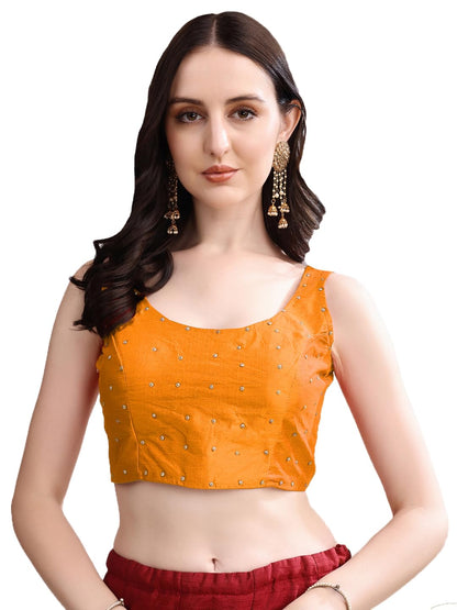 Pujia Mills Womens Square Neck Silk Sleeveless with Stone Work Readymade Blouse