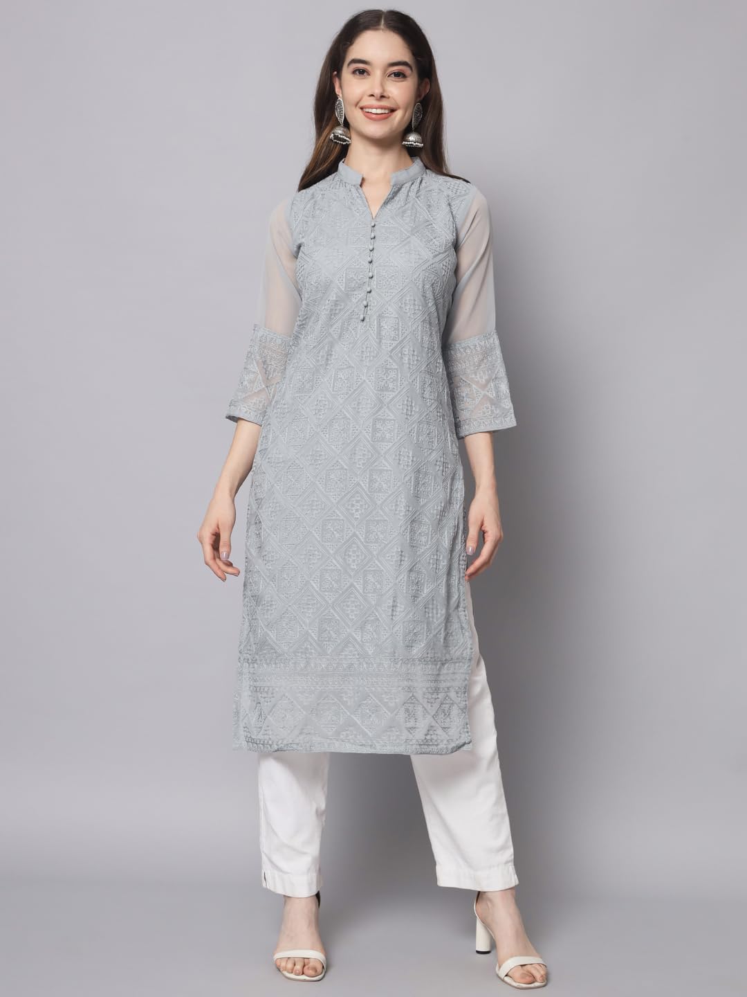 Ekasya WomenS Georgette Straight Cut Notch Neck Kurta With Beautiful Embroidery Work (E1547) Grey