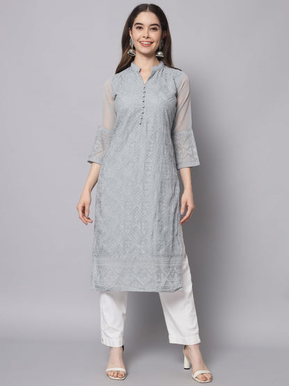 Ekasya WomenS Georgette Straight Cut Notch Neck Kurta With Beautiful Embroidery Work (E1547) Grey