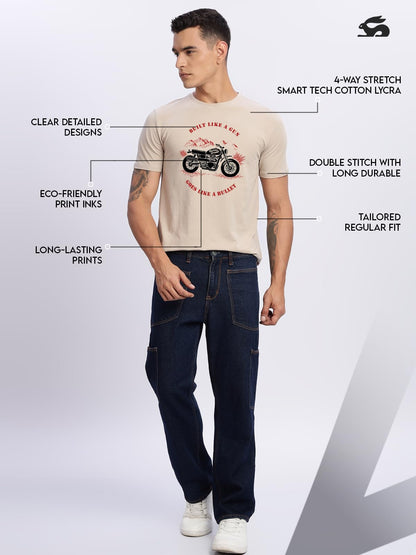 ADRO Men's Royal Bike Design Printed 100% Cotton T-Shirt - Regular Fit, Printed T-Shirts for Men (RN24-RYL-BE_Beige)