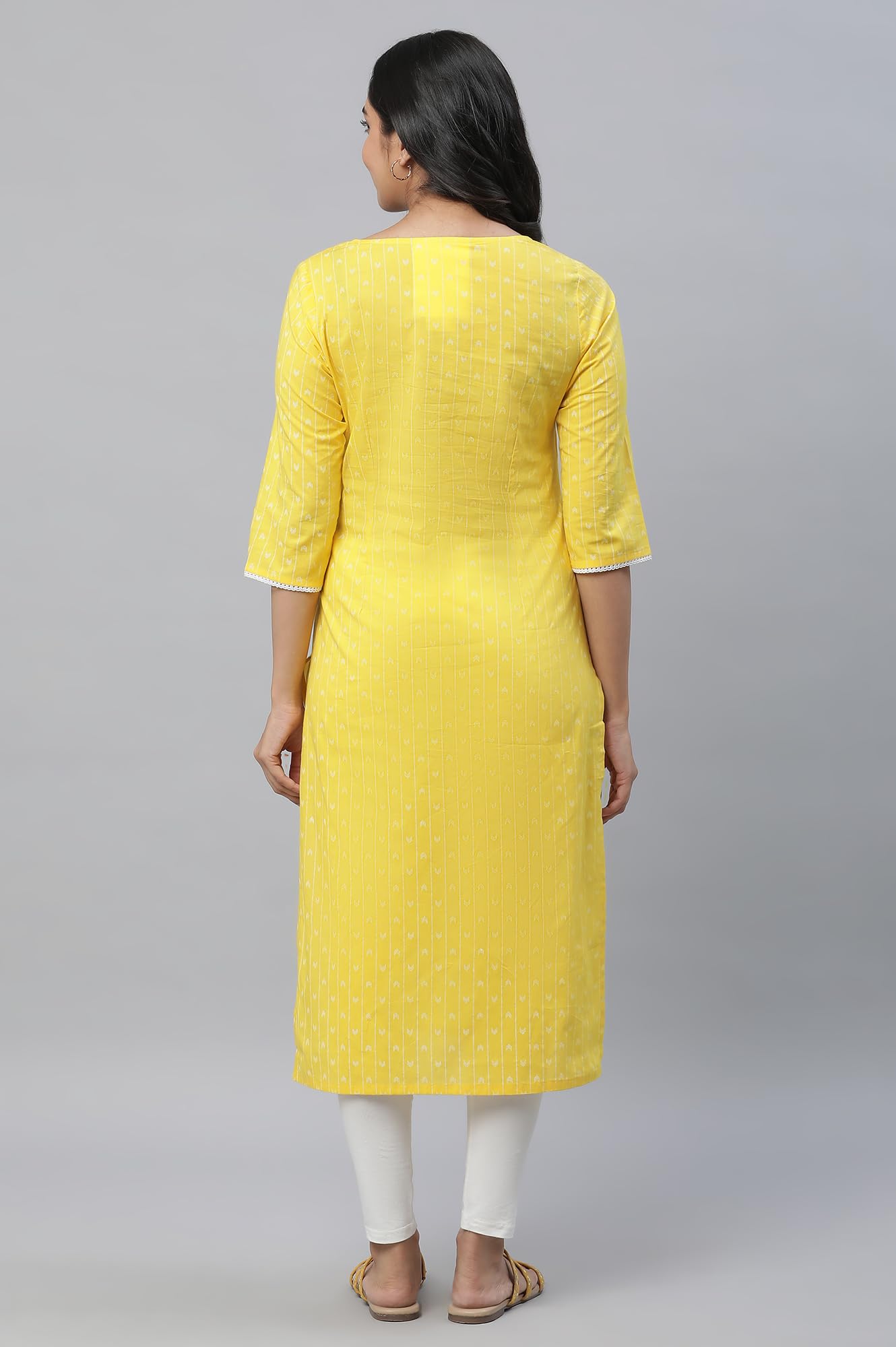 Aurelia Yellow Vertical Striped Cotton Regular Kurta For Women