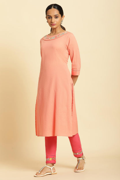 W Embroidered Cotton Regular Kurta For Women In Orange