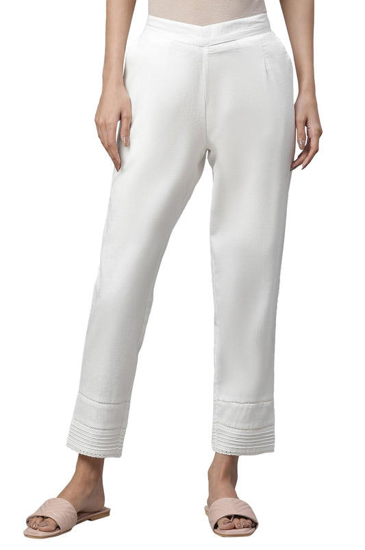Aurelia White Solid Cotton Blend Regular Trousers for Women
