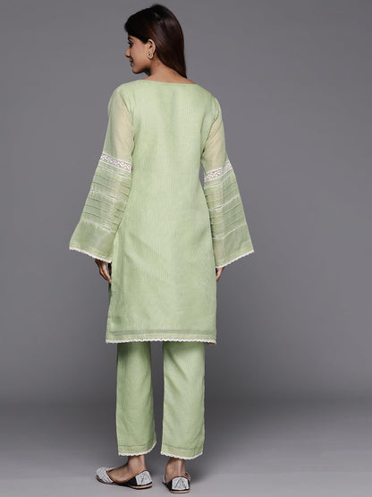 Varanga Women Green Kota Check Cotton Lace Short Kurta With Bottom, Round Neck With Keyhole Detail, Long Sleeves, Side Slits, To