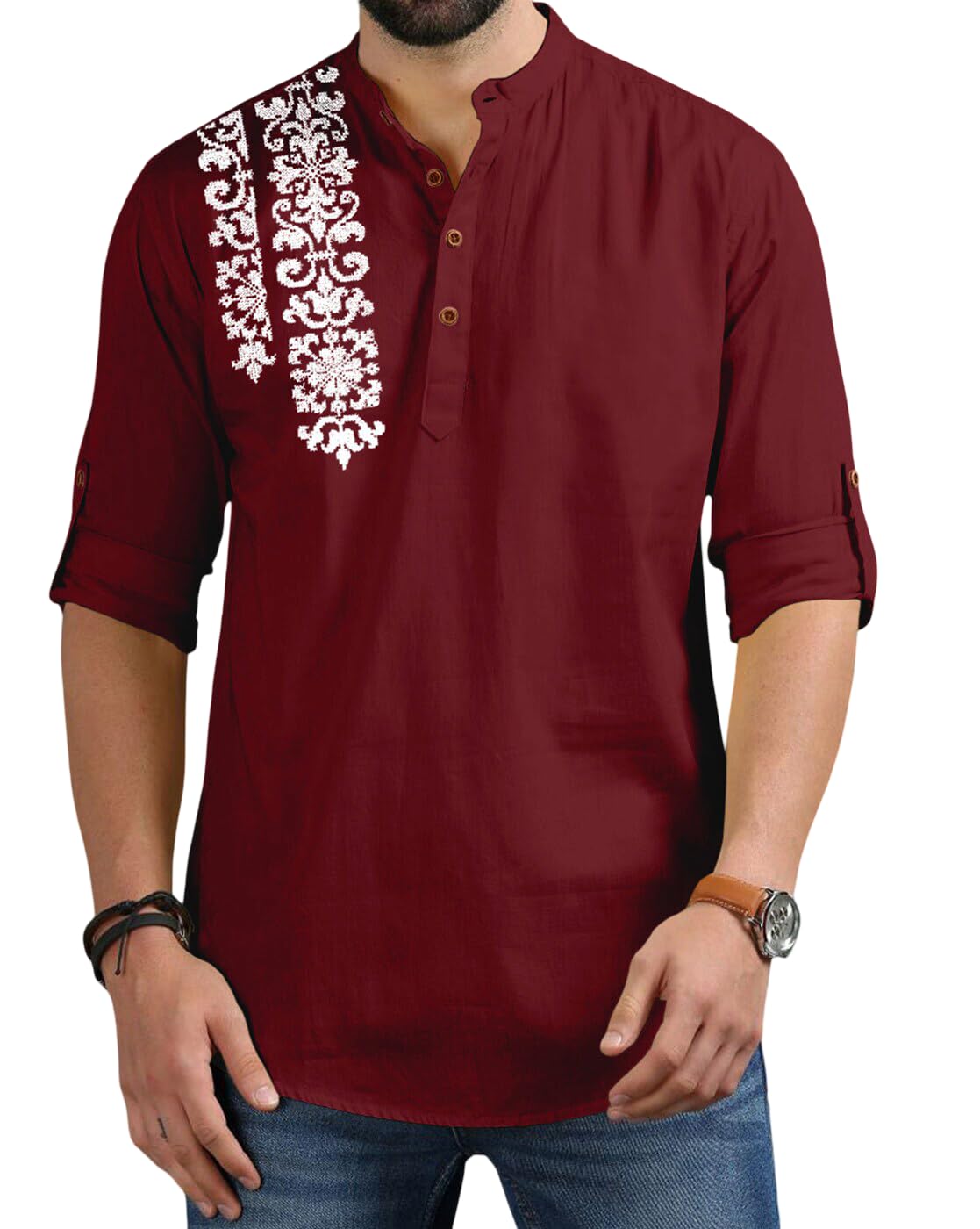 Finivo Fashion MenS Regular Fit Cotton Blend Kurta Shirt | Full Sleeve Ethnic Shirt With Mandarin Collar And Button Placket | C