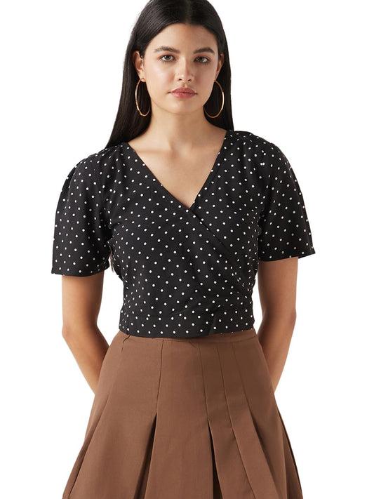 Bewakoof Womens Polka Print Regular Fit Half Sleeve V-Neck 100% Viscose Short Top_648493_Black_XL