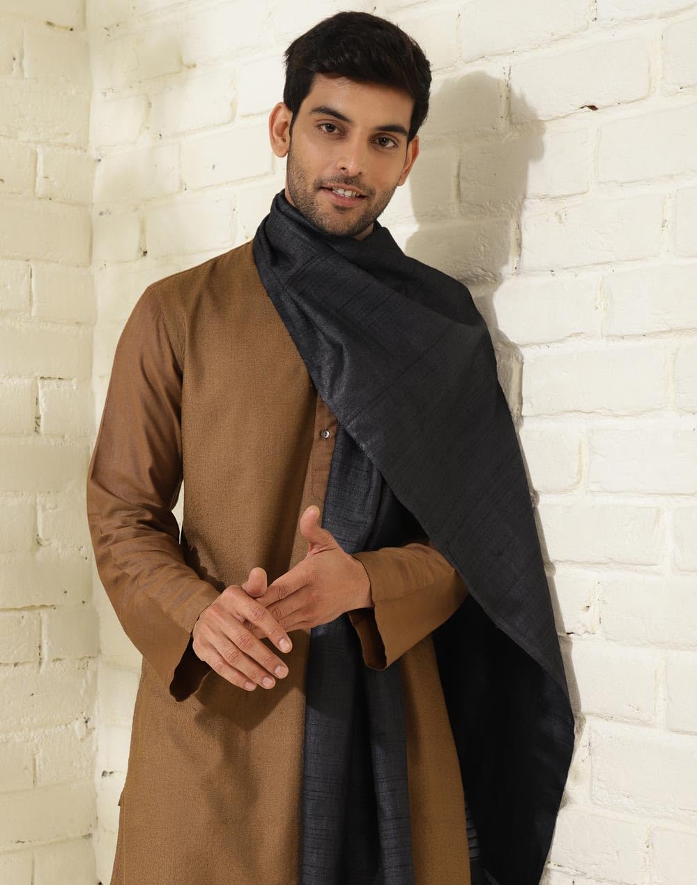 Fabindia Black Silk Hand Woven Stole (2.75m x 56cm) (Free Size)