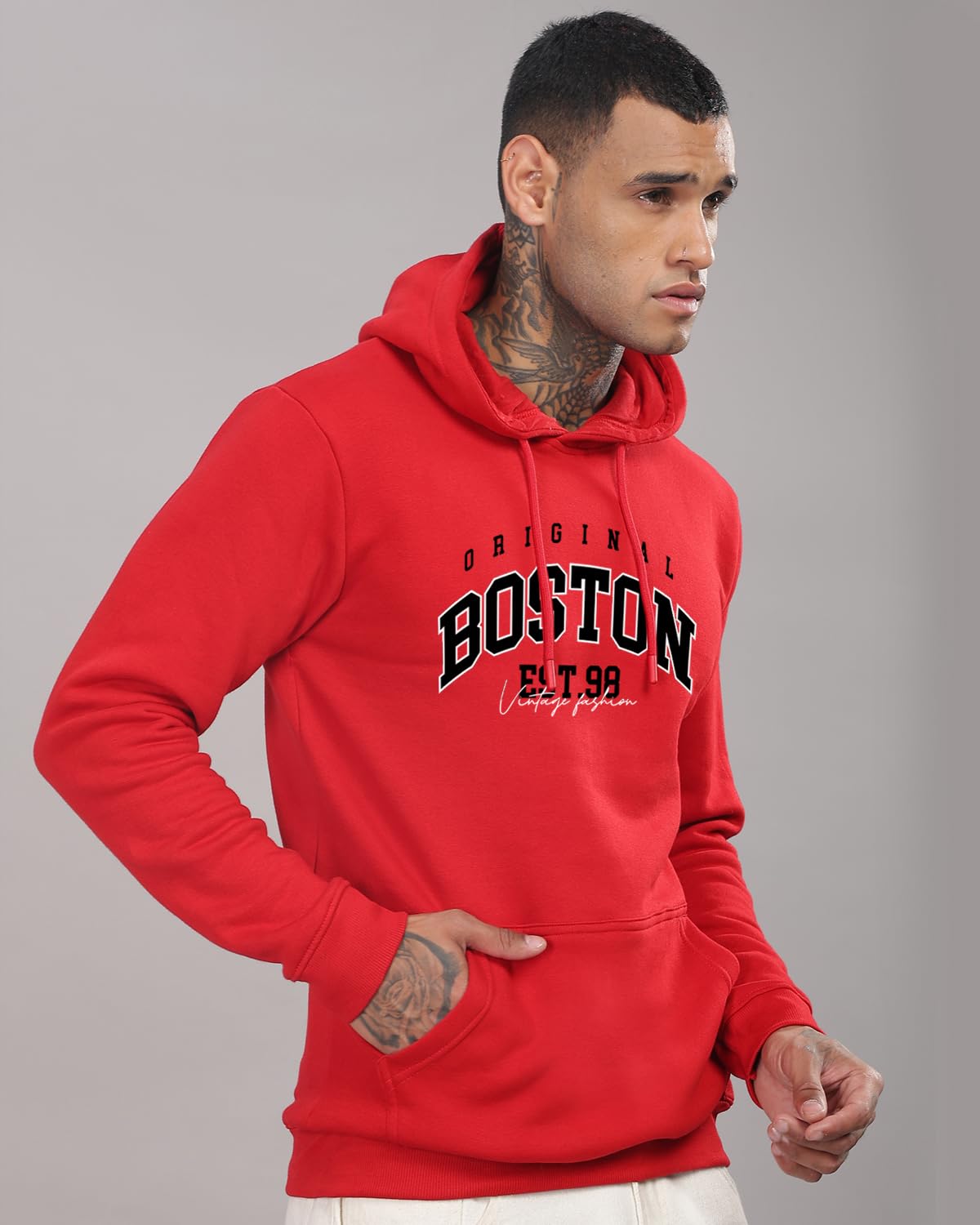 ADRO Men's Cotton Neck Hooded Sweatshirt (H24-BOST-RD_Red