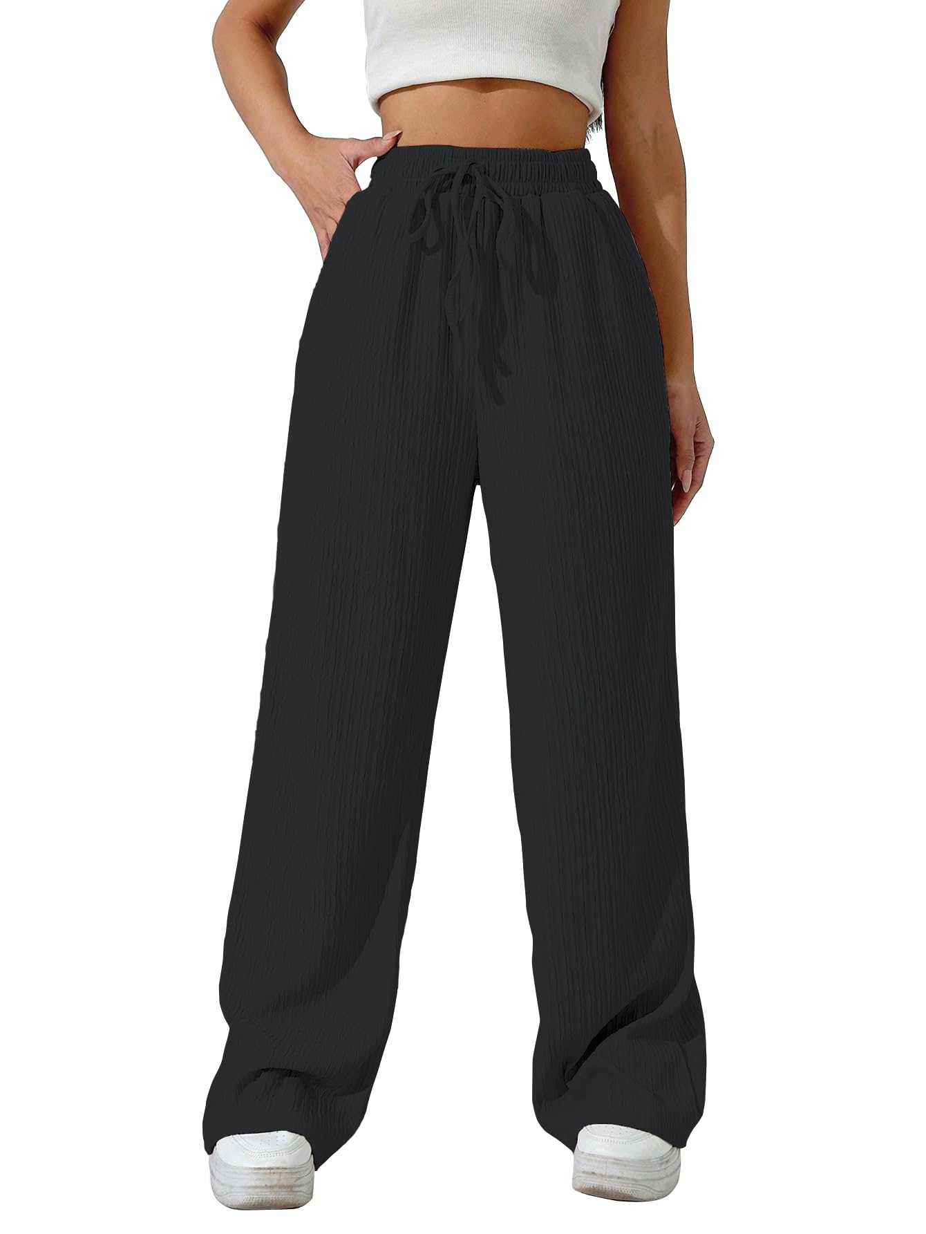 Sugathari Womens Black Loose Wide-Leg Pants with Textured Wrinkled Fabric and Drawstring Waist Long Trousers (Trouser 157 Black