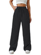 Sugathari Womens Black Loose Wide-Leg Pants with Textured Wrinkled Fabric and Drawstring Waist Long Trousers (Trouser 157 Black