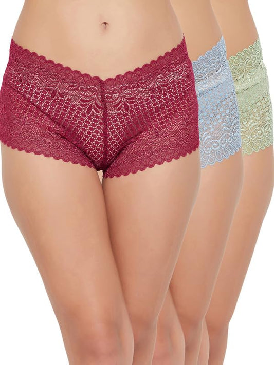 Clovia Womens Lace Pack of 3 Low Waist Sheer Boyshorts (PNC530310_Multicolor_XXL)