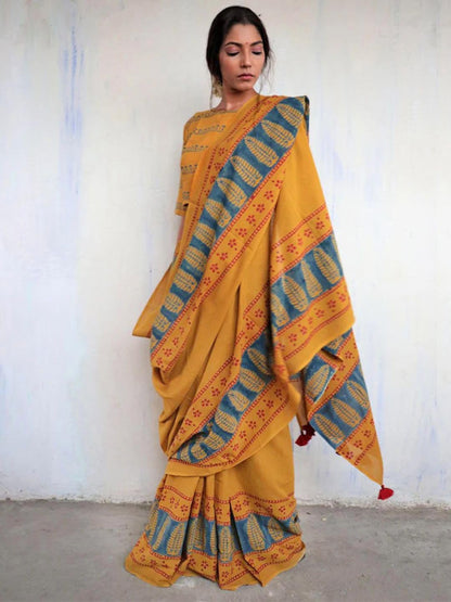 Jaanvi fashion Womens Hand Block Print Mul Cotton Saree with Blouse Piece (sunshine-bloom-yellow)