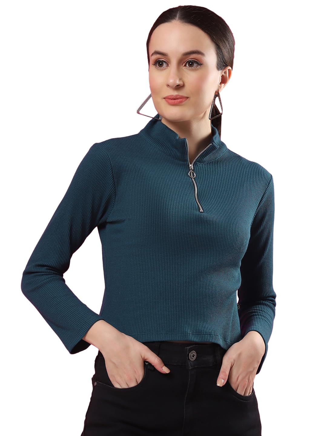 Rigo Waffle Knit Top for Women | High Collar Zipper Top for Women | Long Sleeves, Western Crop Tops for Women | Stylish Top for