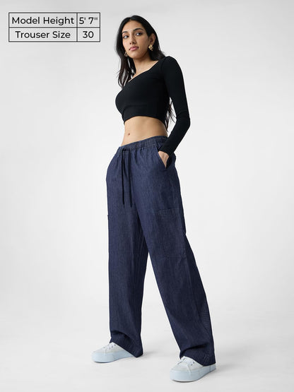 The Souled Store Denim Pants: Raw Blue Women and Girls Drawstringed Solid Straight Fit Cotton Jeans