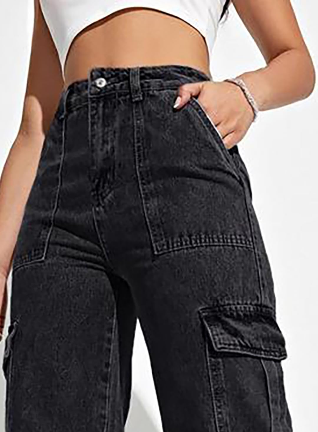Kotty WomenS Solid High Rise Relaxed Fit Cargo Jeans(Black,34)