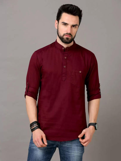 Deemoon MenS Cotton Blend Full Sleeve Short Kurta With Mandarin Collar Crafted From A Premium Cotton Blend Maroon