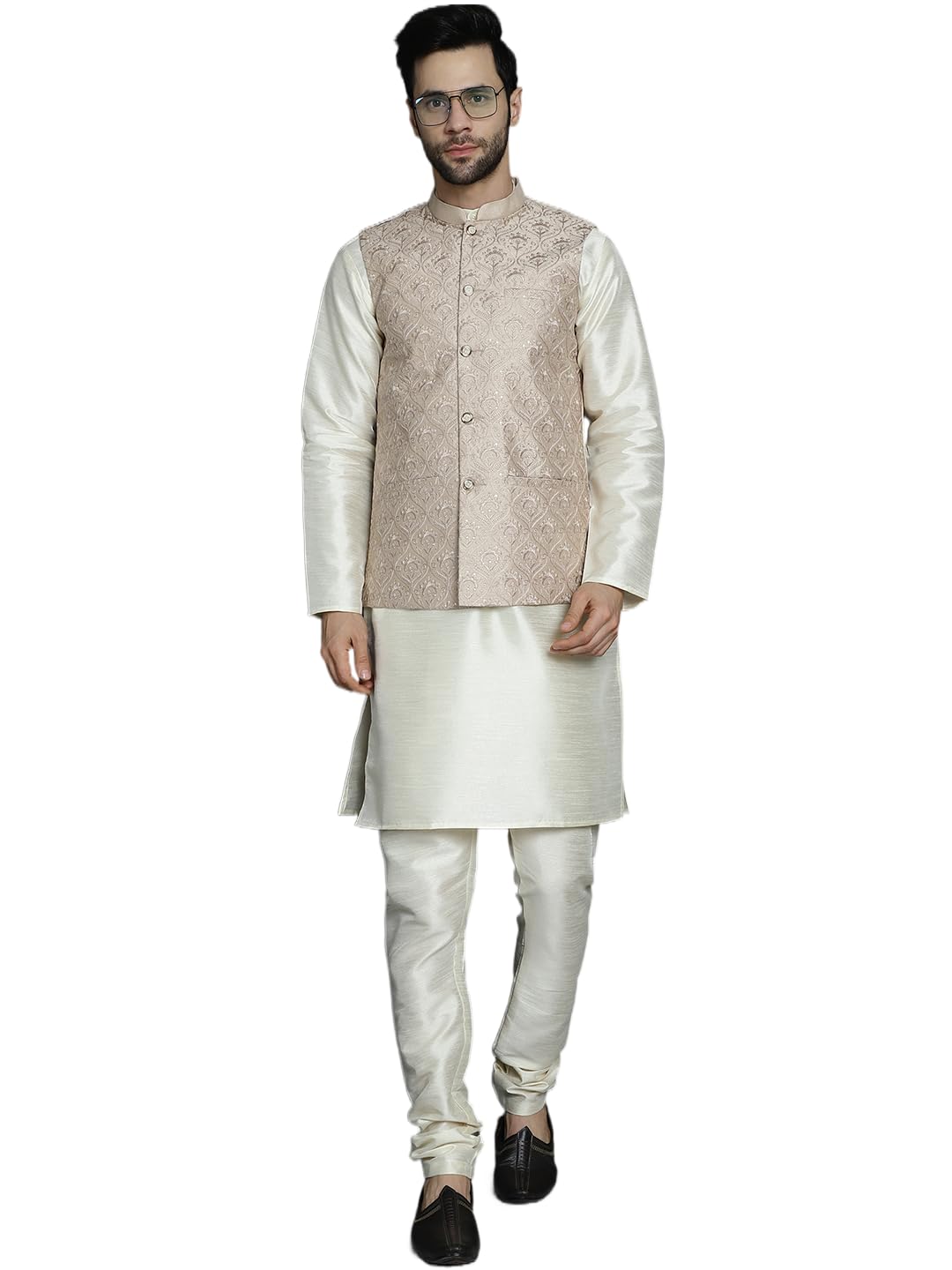 Jompers Mens Sequins And Embroidered Nehru Jacket With Kurta Pyjama Set