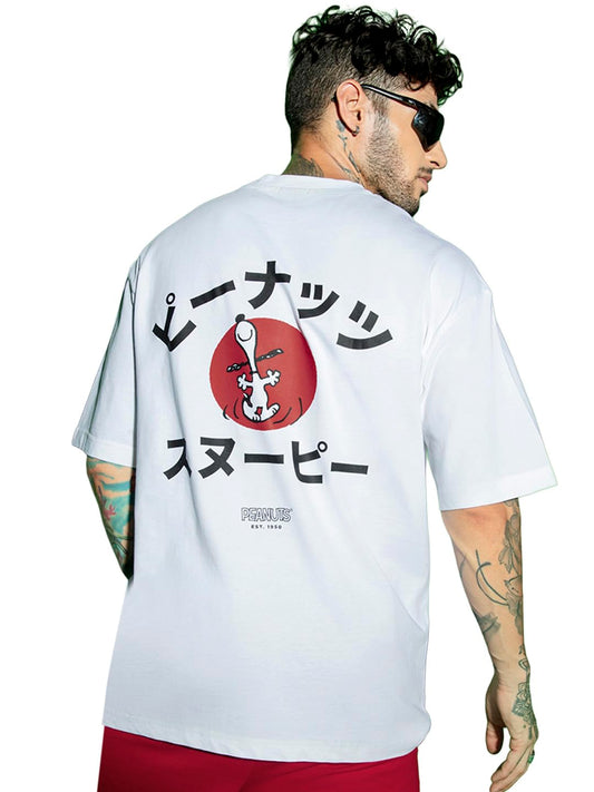 Bewakoof Official Peanuts Merchandise MenS Snoopy Jap Graphic Print Cotton Jersey T-Shirt - Oversized Fit, Round Neck, Half Slee