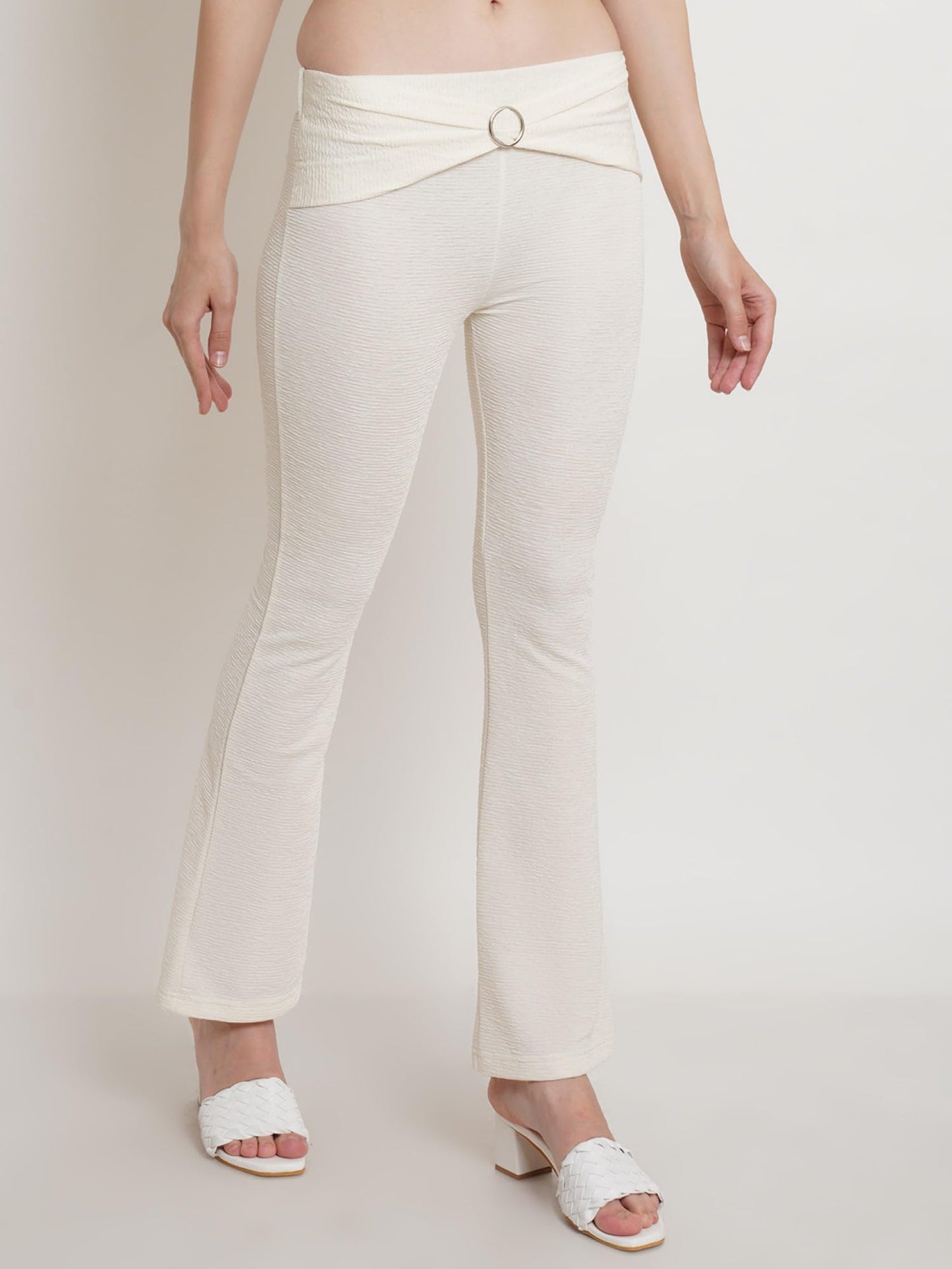 POPWINGS Casual Self Design Crush Bootcut Front Ring Trouser for Women || Pull On Regular Fit Bootcut Women Trouser for Summer |