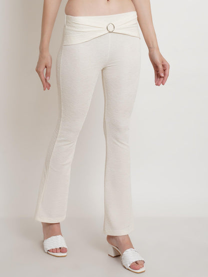 POPWINGS Casual Self Design Crush Bootcut Front Ring Trouser for Women || Pull On Regular Fit Bootcut Women Trouser for Summer |