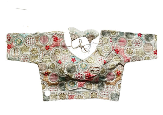 Vihu Fashion WomenS Milan Silk Half Sleeve Blouse Embroidery Multi Coding Gold Thread Blouses Handwork White Color Readymade Sa