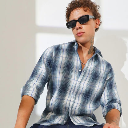 Campus Sutra Mens Navy Blue & Ivory White Ombre Buffalo Check Shirt | Casual Wear | Spread Collar | Long Sleeve | Button Closur