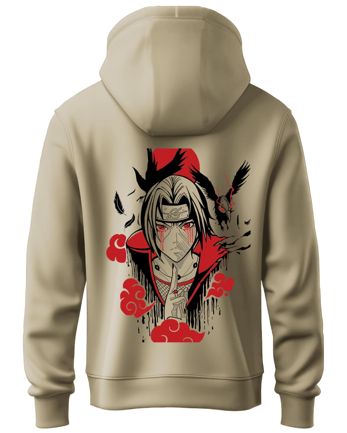 ADRO Mens Hoodies with Itachi Uchiha Anime Backside Printed, 100% Cotton 340GSM. (H23-M-ITA-BE_Beige)