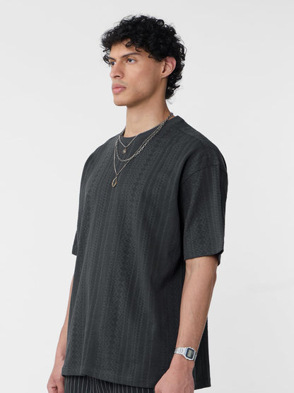 The Souled Store Textured T-Shirt: Midnight Men and Boys Short Sleeves Round Neck Grey Cotton Oversized T-Shirts