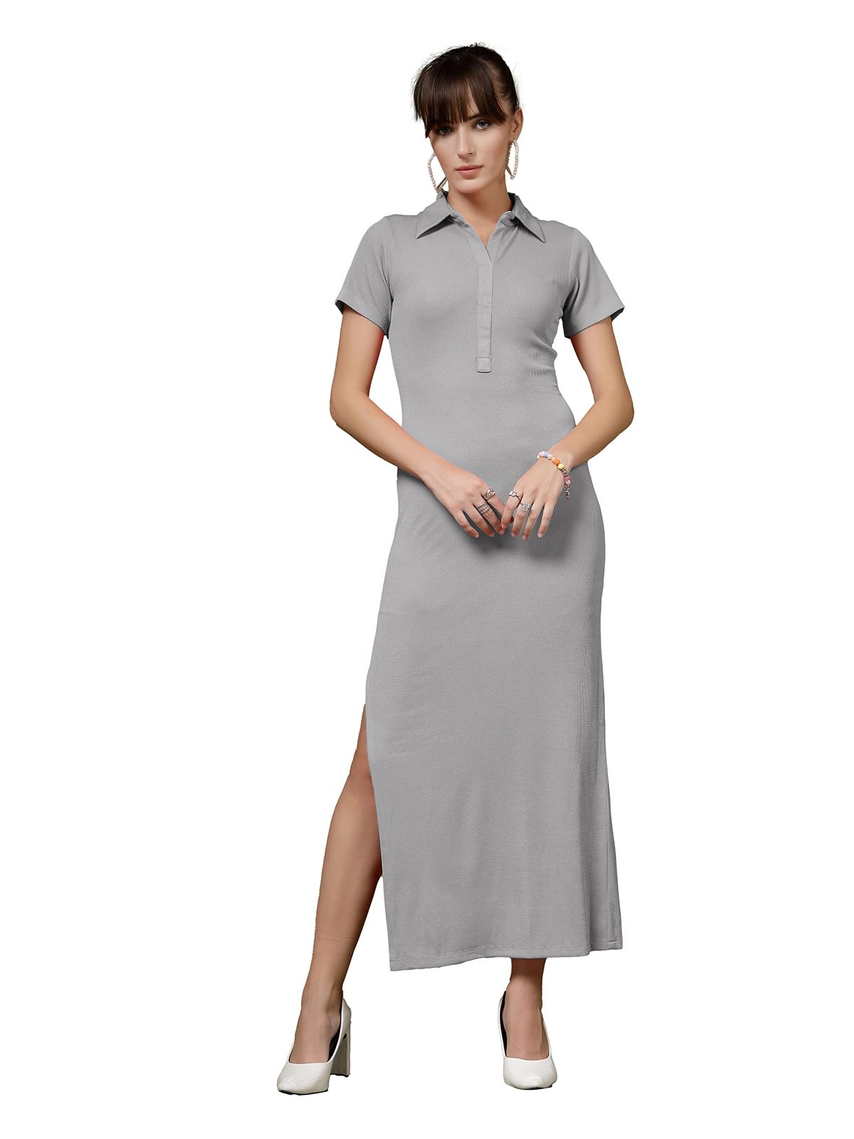 Oomph! WomenS Western & Fusion Wear Stretchable Ribbed Lycra Shirt Dress For Women, Bodycon, Grey - Md1118