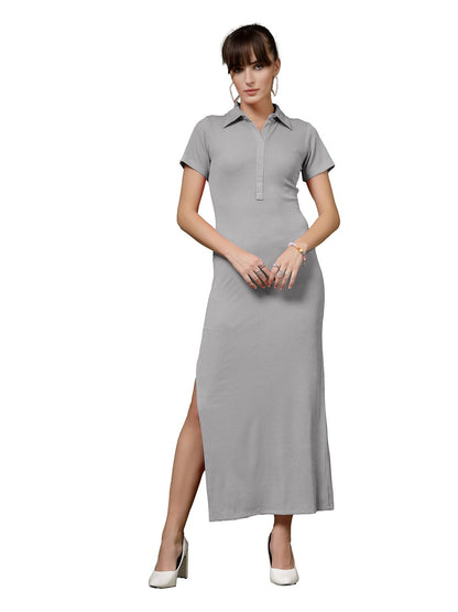 Oomph! WomenS Western & Fusion Wear Stretchable Ribbed Lycra Shirt Dress For Women, Bodycon, Grey - Md1118