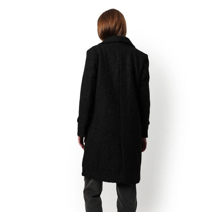 Campus Sutra Women Black Regular Fit Long Coat For Winter Wear | Collar Neck | Full Sleeve | Buttoned | Casual Jacket For Woman