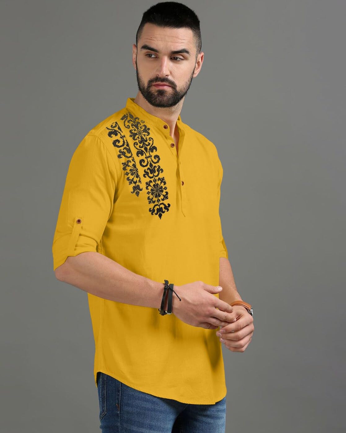Finivo Fashion MenS Regular Fit Cotton Blend Kurta Shirt | Full Sleeve Ethnic Shirt With Mandarin Collar And Button Placket | C