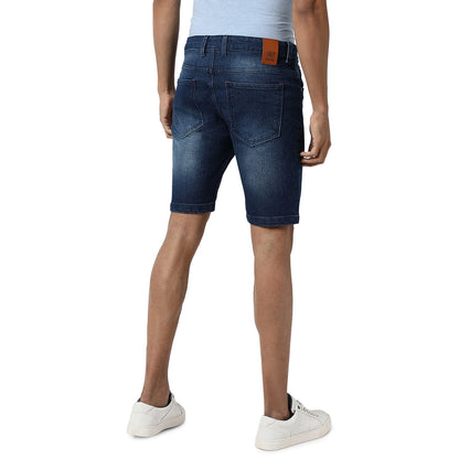Campus Sutra Mens Classic Blue Dark-Washed Solid Patterned Regular Fit Denim Shorts, Premium Stretchable Cotton Mid-Rise Crafte