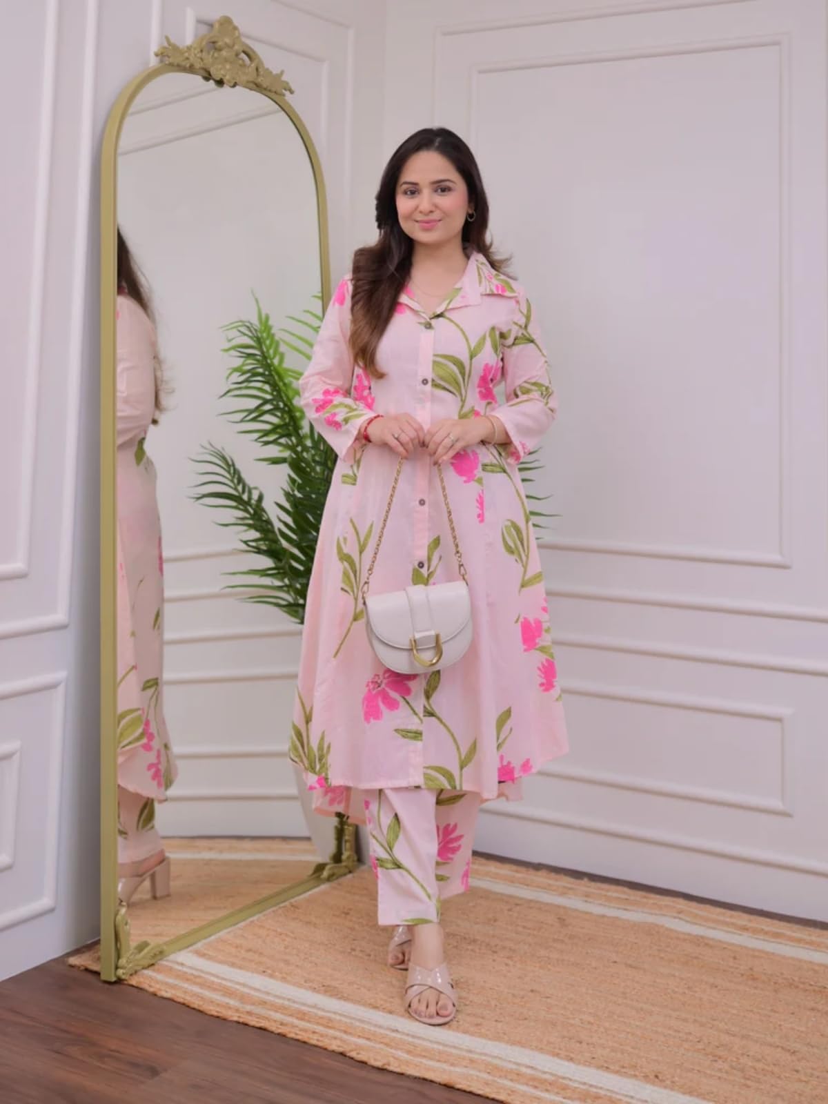 Leriya Fashion Women's Co-ord Set, Elegant Kurta, 3/4 Sleeve, Pink, XXL, Model LF-W2091&TR1051