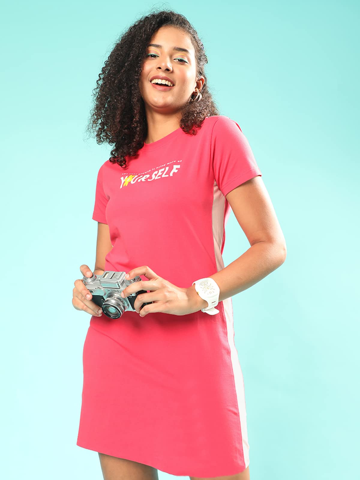 Juneberry Women Crew-Neck Typographic Print T-Shirt Viva Magenta Dress With Front Slit And Contrast Tape