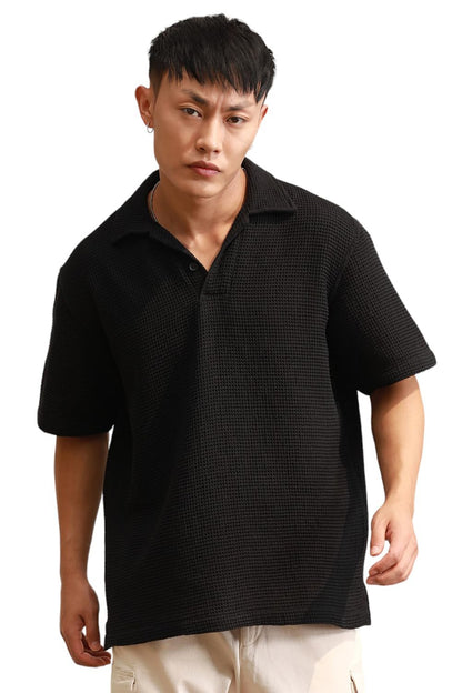 Hubberholme Black Cotton Short Sleeves Polo Collar Oversized Tshirts