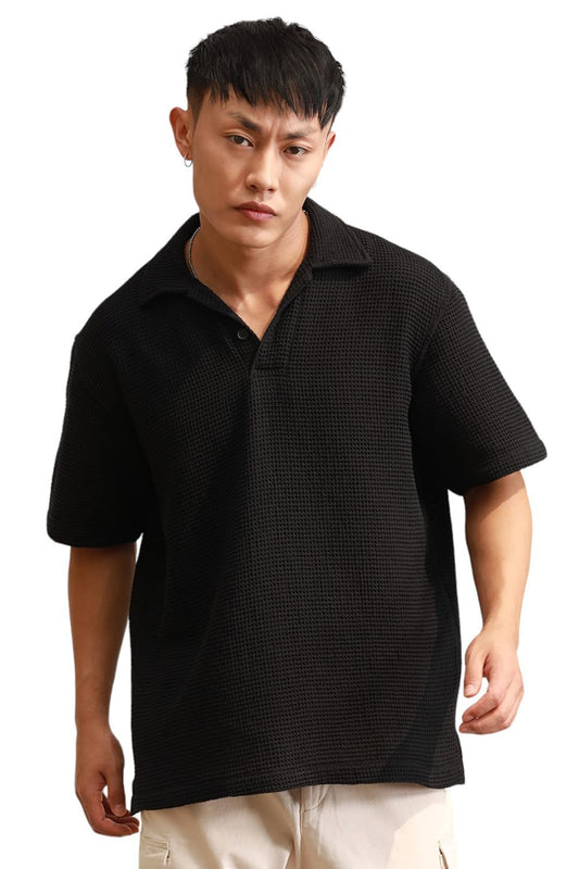 Hubberholme Black Cotton Short Sleeves Polo Collar Oversized Tshirts