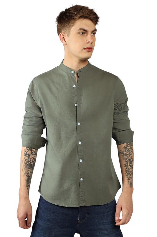 Dennis Lingo MenS| Green| Full Sleeve| Mandarin Collar| Solid| Regular Fit| Casual Shirt