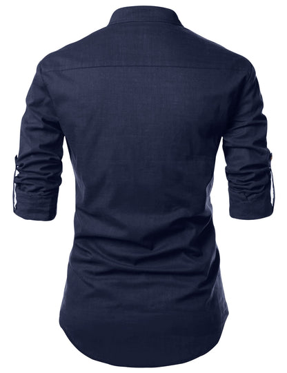 Zombom MenS Solid Cotton Blend Casual Regular Fit Mandarin/Chinese Collor Full Sleeve Kurta Shirt For Men Navy Blue