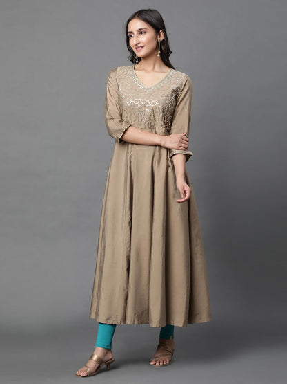 Aurelia Women's Mud Gold Solid Solid Viscose Poly Flared Kurta
