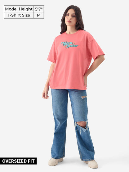 The Souled Store Glow Getter Women and Girls Short Sleeve Round Neck Pink Puff Printed Cotton Oversized Fit T-Shirts Oversized T