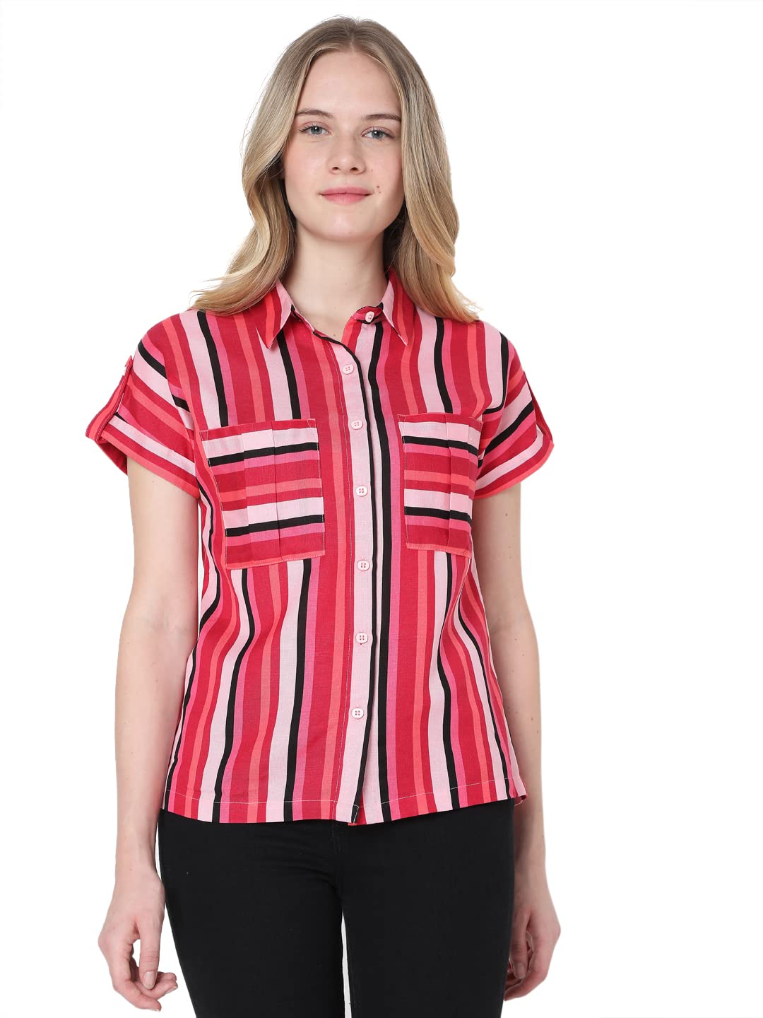 Vero Moda Stripes Viscose Blend Shirt Collar Womens Casual Shirt (S22Vm10273122009, Candy Pink, Small)
