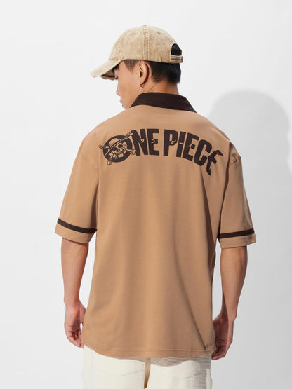 The Souled Store One Piece: Pirates Men and Boys Short Sleeves Collared Neck Cotton Blend Oversized Polos Brown
