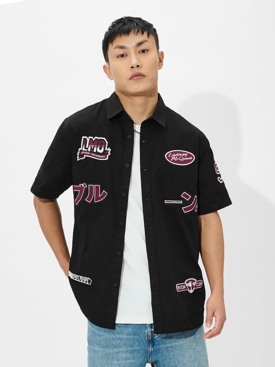 The Souled Store Cars: Rest-eze Men and Boys Collared Neck Button Front Black Graphic Printed Cotton Oversized Half Sleeve Shirt