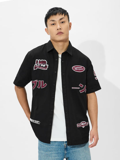 The Souled Store Cars: Rest-eze Men and Boys Collared Neck Button Front Black Graphic Printed Cotton Oversized Half Sleeve Shirt
