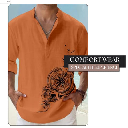 Deemoon MenS Cotton Blend Mandarin Collar Self One Design Full Sleeve Casual Short Kurta Orange