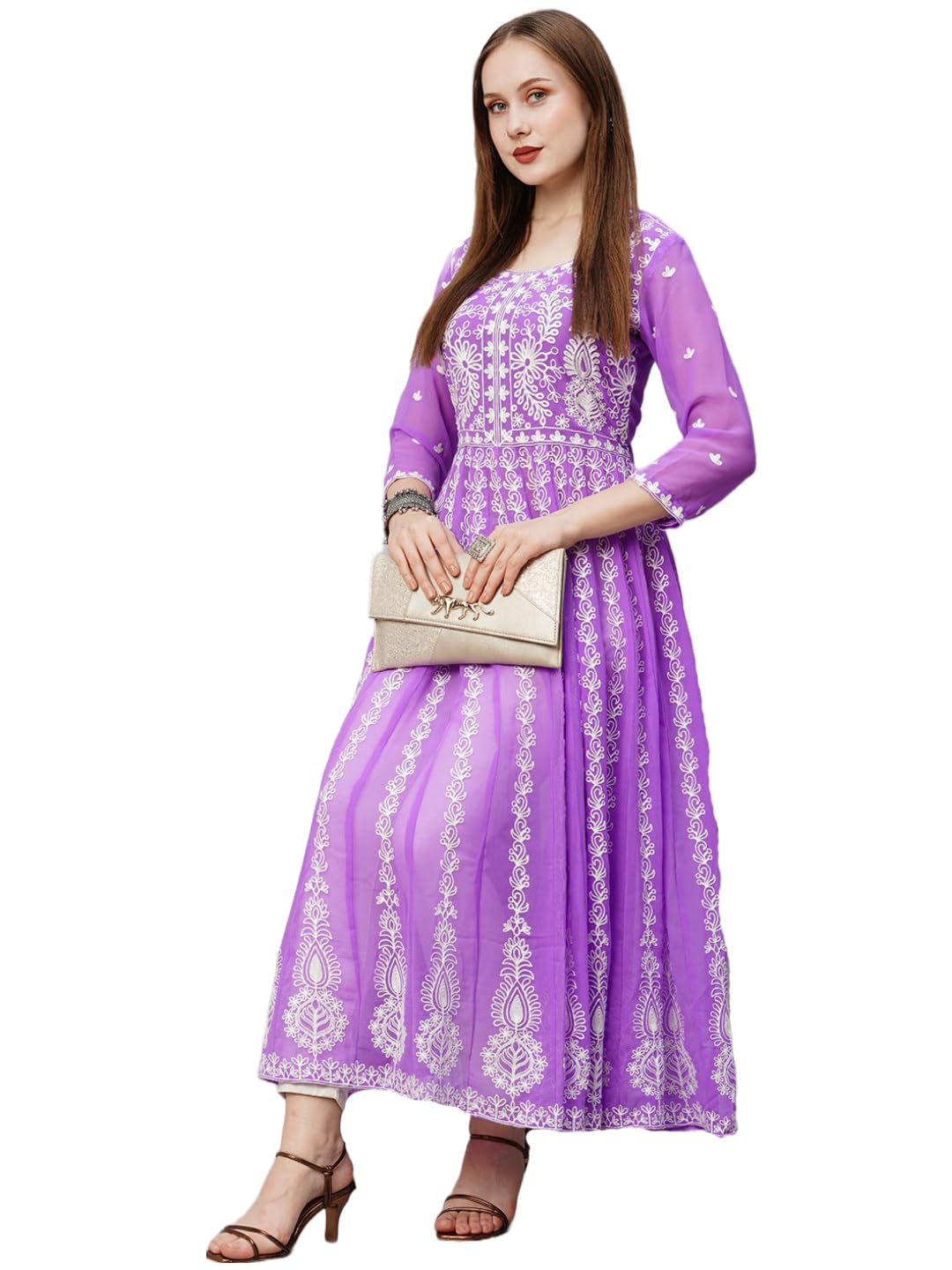 ANNI DESIGNER Women's Georgette Chikankari Embroidered Anarkali Kurti