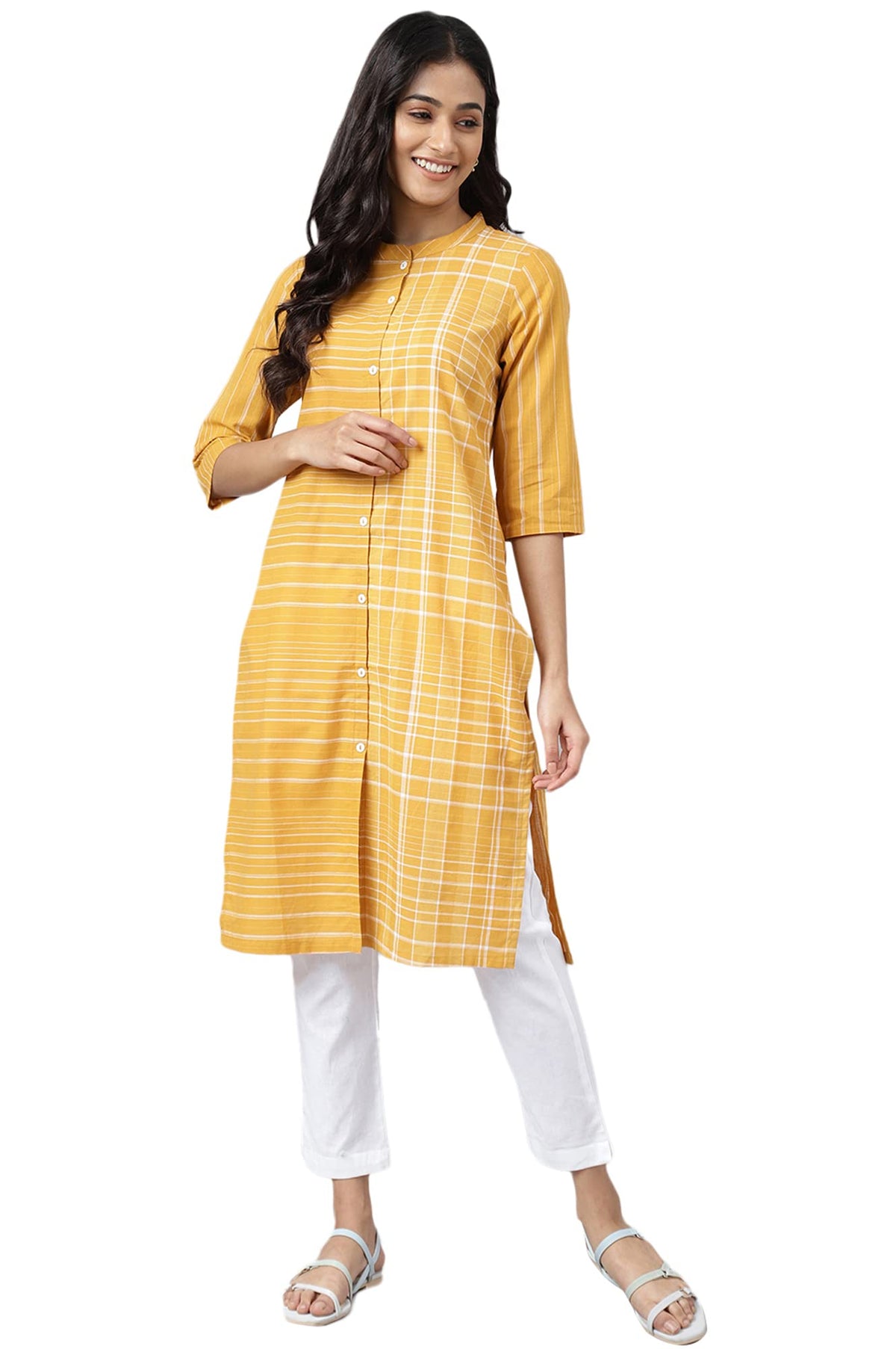 Aurelia Cotton Women Mustard Dobby Geometric Yarn Dyed Straight Fit Kurta_22Aua13368-703597_S