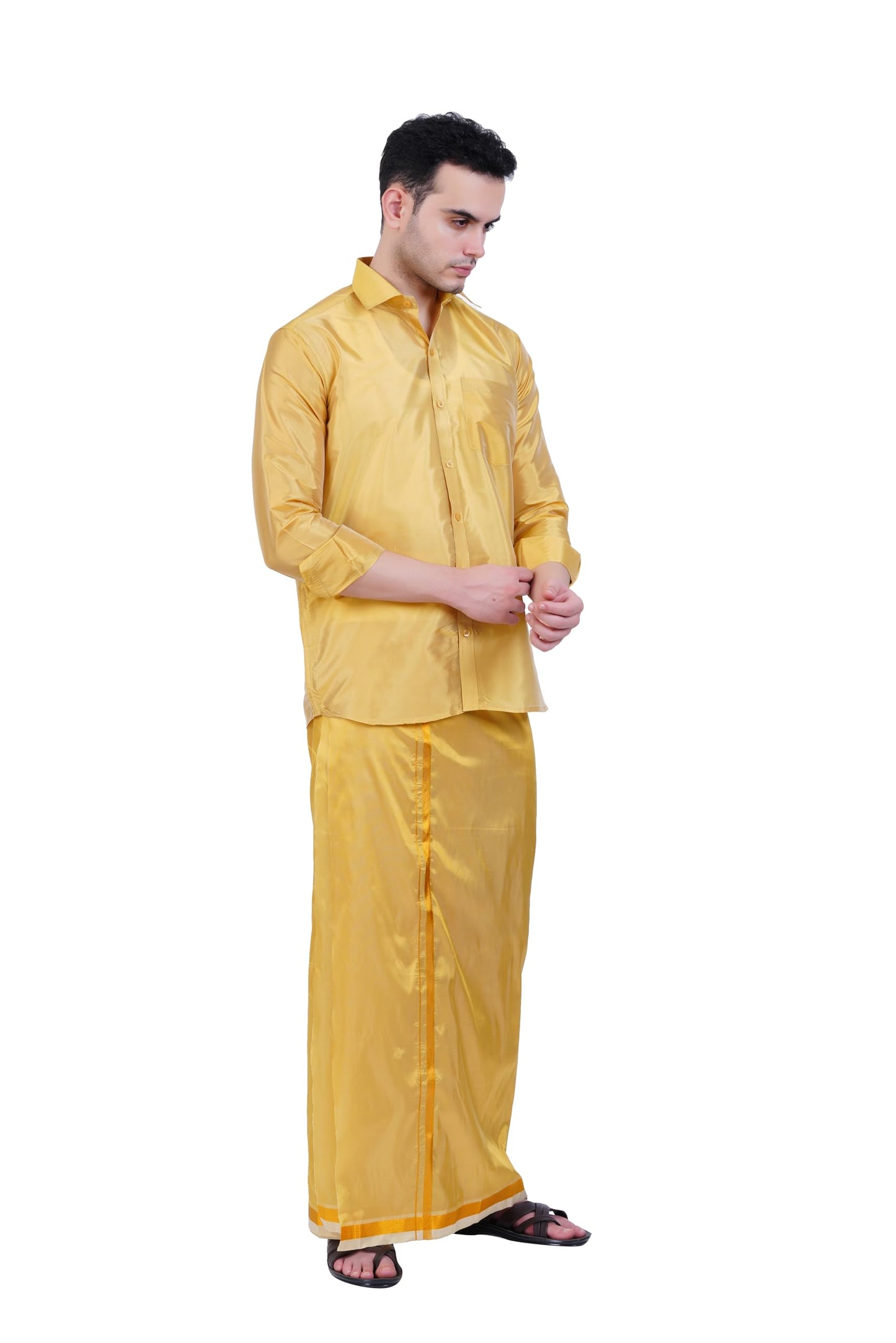 Prakasam Cotton-Mens Art Silk Wedding Set/Art Silk 8 Mulam (8-Yard) Dhoti And Stitched Half Sleeve Shirt
