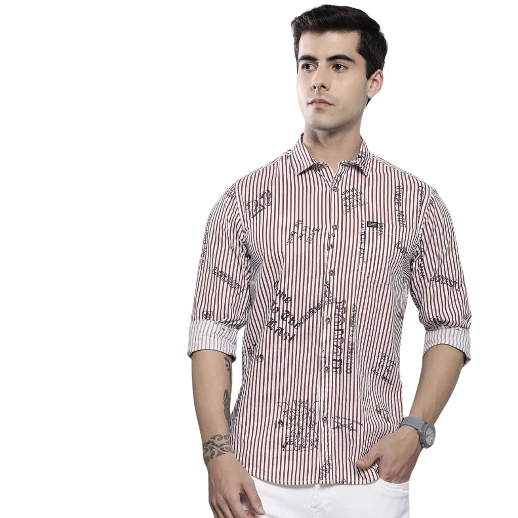 The Indian Garage Co Men Orange Striped Slim Fit Cotton Casual Shirt